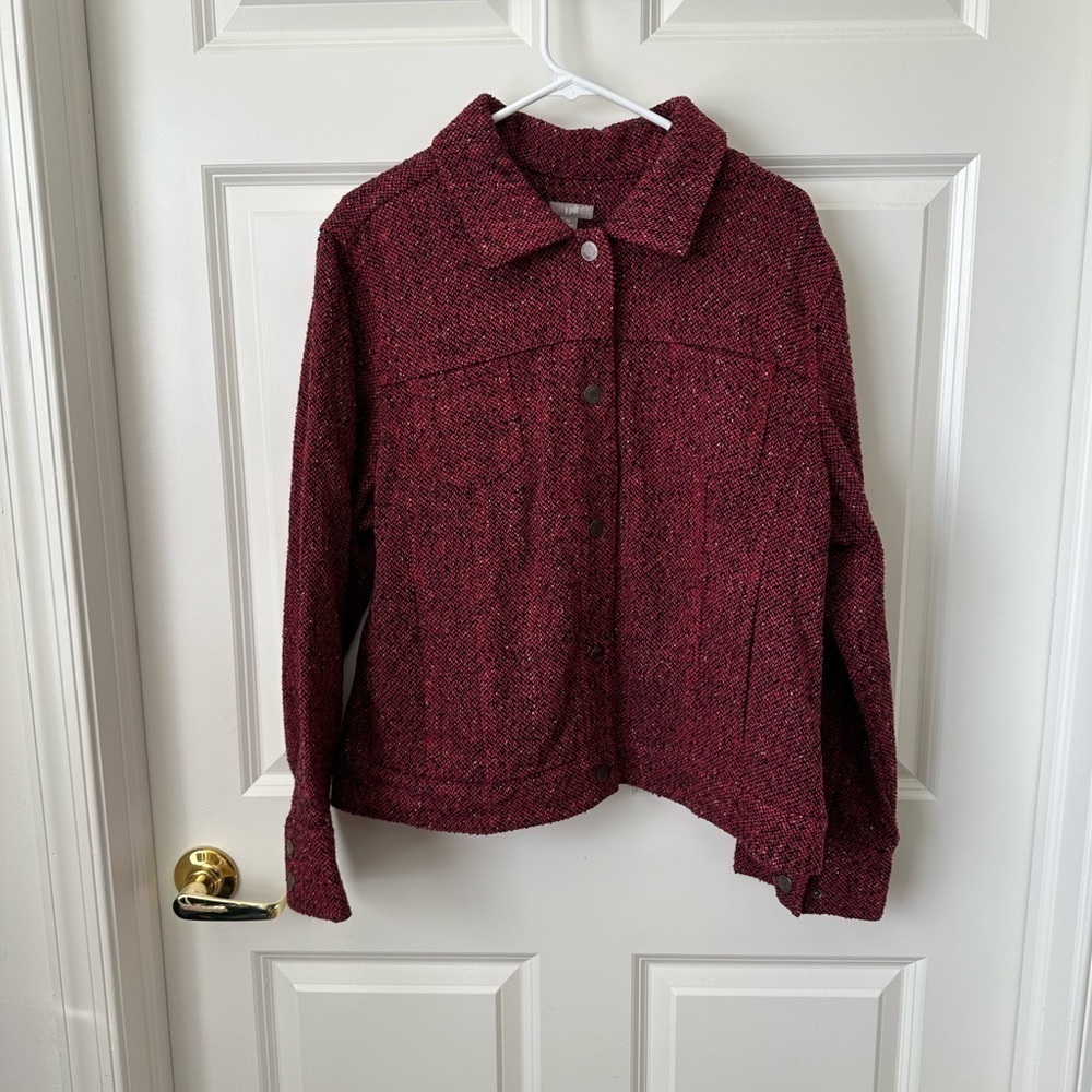 J.Jill Women Tweed Long Sleeve Snap Jacket Shacket Burgundy Size XL